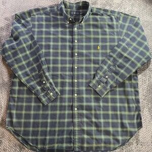 Ralph Lauren Classic Fit Plaid Button Down Shirt 3XLT Navy Green‎ Yellow Pony